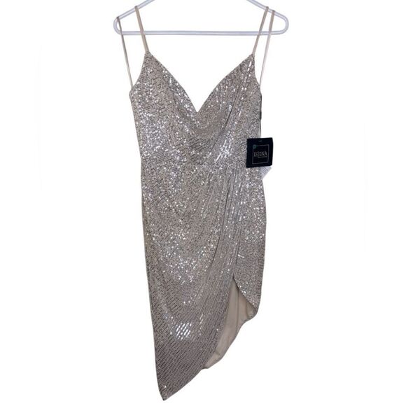 NWT IEENA For Mac Duggal Sequined Cowel Neck Faux Wrap Dress Size 4 style 11287 - Picture 3 of 10